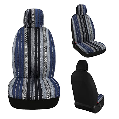 Baja Saddle Blanket Car Seat Covers 4PCS Front, Breathable and Washable Striped Woven Automotive Vehicle Universal Seat Cover for Sedan, SUV, Truck, Airbag Compatible - color: Blue Baja, size: Front