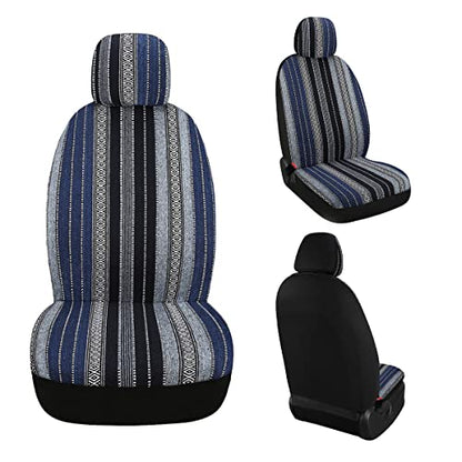 Baja Saddle Blanket Car Seat Covers 4PCS Front, Breathable and Washable Striped Woven Automotive Vehicle Universal Seat Cover for Sedan, SUV, Truck, Airbag Compatible - color: Blue Baja, size: Front