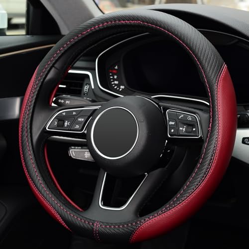 LABBYWAY Microfiber Leather Auto Car Steering Wheel Cover, Universal 15 Inch Anti-Slip Wheel Protector, Claret - color: Fiber Rose Red