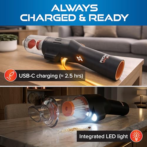 Pocket Vac Reach Handheld Vacuum w/ 3ft Extension Wand – Cordless 2-in-1 Blower & Portable Car Vacuum Cleaner, Mini Hand Vacuum for Furniture, Keyboard & Tight Spaces - w/ 8-Piece Attachment Kit