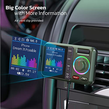 Nulaxy Bluetooth FM Transmitter for Car, Wireless Car Bluetooth Adapter with Big Color Screen, Support QC3.0 Fast Charging, Hands-Free Call, MP3 Music Player BASS&TRE Booster, TF Card AUX-KM28 Green - color: Green