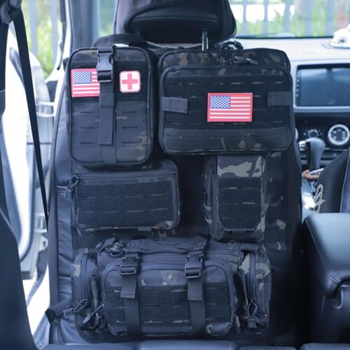 Universal Tactical Car Seat Back Organizer Bag Tactical Molle Vehicle Organizers Panel Vehicle Protector Organizers with 5 Detachable Pouches for Car Truck Ford Jeep (Upgraded D model Black camo) - color: Upgraded D model Black camo