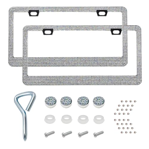 Ziciner 2PCS Bling License Plate Frame, Sparkly License Plate Tag Cover with Multifaceted Rhinestones, Stainless Steel Crystal License Plate Holder (Colorful) - color: Colorful, 2PCS