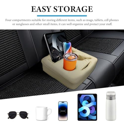 Car Back Seat Organizer, Leather Automotive Rear Seat Couch Cup Holder Expander Tray, Vehicle Cup Holder Tray Holds Snacks Remotes Phones for Truck RV Boat Couch Pillow Bed (Beige) - color: Beige