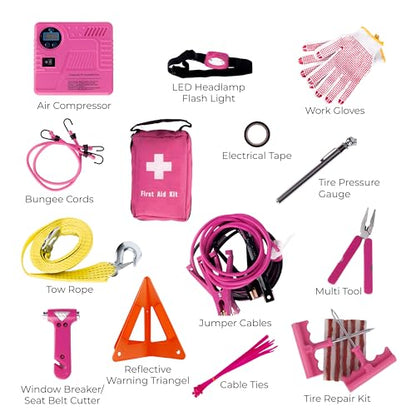 Car Emergency Kit with Air Compressor, Jumper Cables, First Aid, Tow Strap, Tire Gauge, Headlamp – Roadside Safety Kit for Women, Men, Teens (Pink) - color: Pink