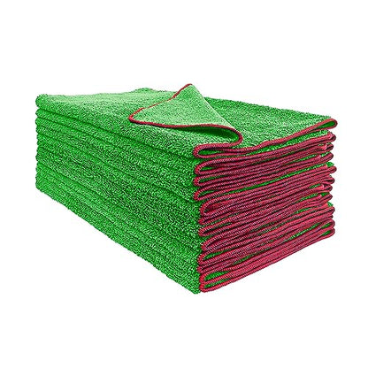 Detailer's Preference Dual Pile 400 GSM Microfiber Towels with Red Trim, All-Purpose Terry Weave Cleaning Cloths for Auto, Home, Boat, Scratch-Free & Reusable, 16x24 Inches, 12-Pack - color: Green With Red Trim