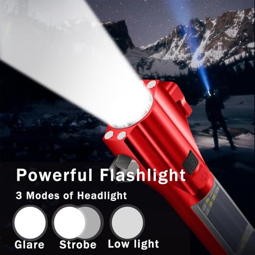 Car Glass Breaker Hammer with Flashlight, Multi-Function Rechargeable Emergency Escape tools with Window Breaker and Seatbelt Cutters,Bright Solar Torch， RescueAlarm Rescue, Strobe SOS Beacon - color: Red Metallic