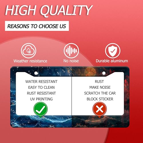 Blue Ocean Wave License Plate Frame Moon License Plate Stainless Steel Funny Auto Accessory Bracket 6.3 x12.3 Inch with Screws - color: Ocean Wave Moon