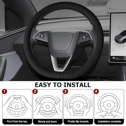 Microfiber Leather Universal 14.5-15 inch Steering Wheel Cover,Easy to Install Non-Slip Breathable Steering Wheel Protector Black - color: Black