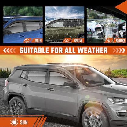 Rain Guards Compatible with Jeep Compass 2017 2018 2019 2020 2021 2022 2023 2024 2025 2026, Tape-on Durable Side Window Sun Wind Deflectors 2017-2026 Compass Rain Guard Black 6 PCS - size: Fit for Jeep Compass 2017-2026