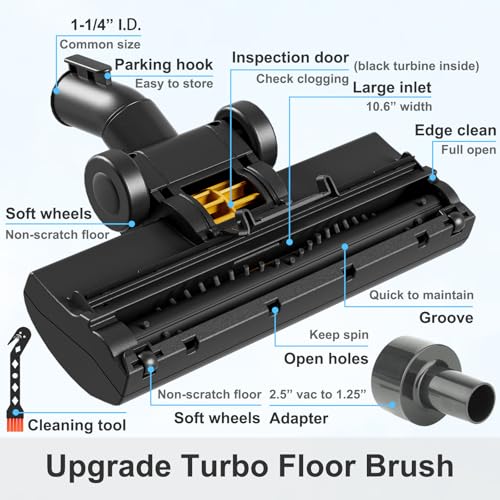 Turbo Brush Head Shop Vac Accessory 1.25" with 2.5" Hose Adapter, as 1-1/4" 2-1/2" Shopvac Attachment Wet Dry Vacuum Adaptor, Ideal for Pet Hair Removal on Carpets Area Rugs Hardfloors - style: Turbo Brush