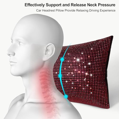 surpassme 2PCS Rhinestone Car Headrest Neck Pillow for Driving with Bling Bling Crystal Bow Pillow Car Accessories for Women (Red) - color: 2 Red Pillows