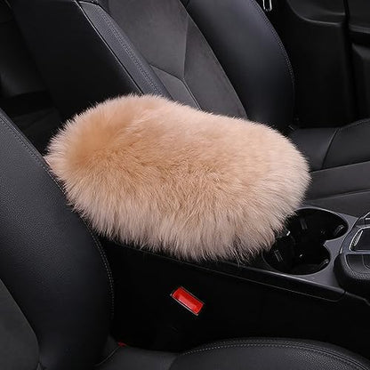 Genuine Sheepskin Center Console Cover Pad Genuine Furry Fluffy Wool Fur Car Armrest Cover Protector Universal Fit for SUV/Truck/Car - color: Long Wool-Light Tan