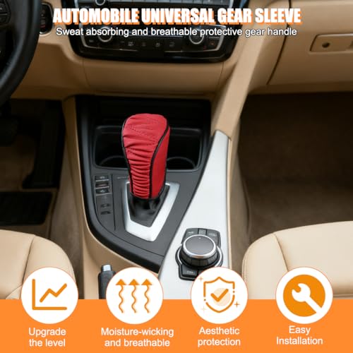 Zpana Car Gear Shift Knob Cover, Leather Automatic Vehicle Shifter Knob Protector, Anti-Slip Auto Interior Gear Stick Lever Handle Protection Cover, Universal for SUV, Sedan, Truck (Red/Black) - color: Red/Black