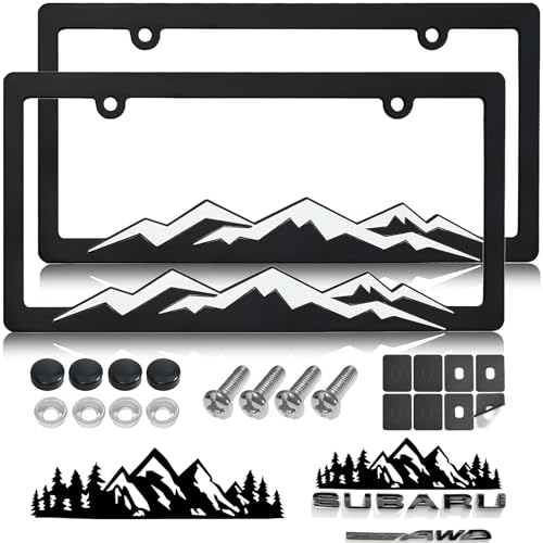 Mountain License Plate Frames - 2 Pack Plastic Car Tag Frame with 3D Mountain Design, White on Black, Included Mountain Vinyl Sticker, Screws & Caps - color: White