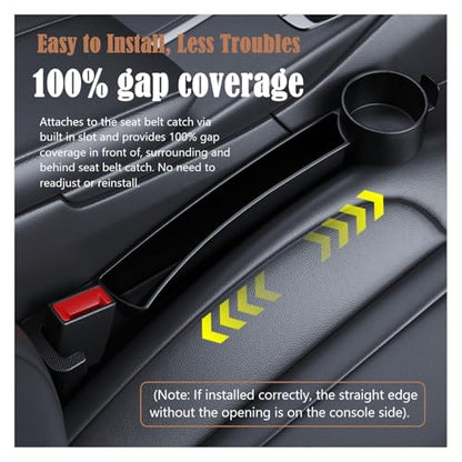 Dual Slot Car Seat Gap Organizer with Cup Holder, Universal Auto Gap Filler Strip 2 Pack with Seat Belt Holes, Carseat Side Gap Guard Spacer Accessories to Fill The Space Between Front Seat & Console - color: Black, 2PCS with Cup Holder & Hook