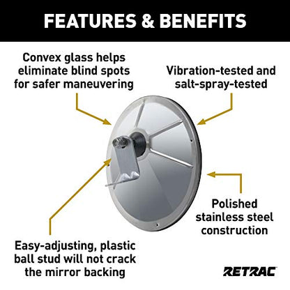 RETRAC 610583 8-Inch Stainless Steel Offset-Mount Convex Mirror Head with Plastic Ball Stud, J-Bracket, Universal Driver or Passenger Side