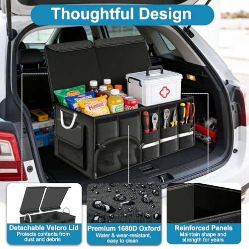 Car Trunk Organizer, 1680D Waterproof Oxford, Collapsible Waterproof Car Organizer Storage with Foldable Cover, Reflective Strip, 4 Mesh Pockets for SUV, Truck, Sedan, Camping, Road Trip (92L)