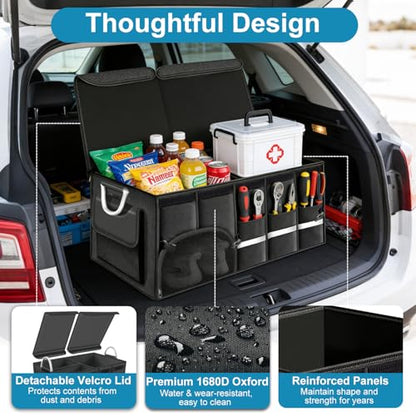 Car Trunk Organizer, 1680D Waterproof Oxford, Collapsible Waterproof Car Organizer Storage with Foldable Cover, Reflective Strip, 4 Mesh Pockets for SUV, Truck, Sedan, Camping, Road Trip (92L)