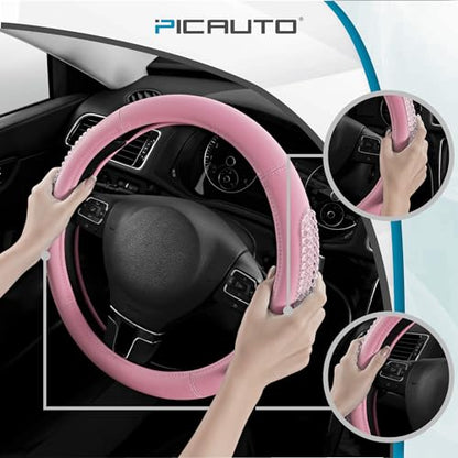 PIC AUTO Steering Wheel Cover, Glitter Gel Particles & Pink Luxury Leather Car Steering Cover, Universal Fit 14.5"-15.5" Anti-Slip Car Wheels Cover for Girls & Women - color: Pink
