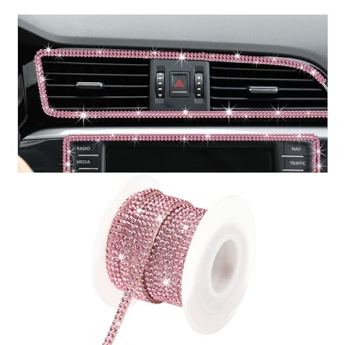 Bling Car Trim Self Adhesive, 16.4 Ft Rhinestone Auto Dashboard Line Molding Sticker Strips, DIY Bling Car Interior Decor Sticker for Women Girls, Vehicle Exterior Accessoreis (Pink) - color: Pink, size: 2-Row Rhinestone