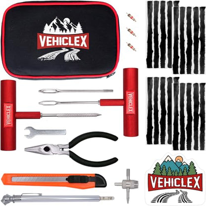 Vehiclex Tire Repair Kit for Plug and Patch with Aluminum Handled Tools - Emergency Kit with Pliers in Zippered Bag for Car, Motorcycle, ATV, Tractor, Lawn Mower - size: Compact+ Metal kit