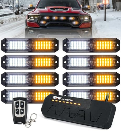 LUMENIX Grille Strobe Lights Kits for Trucks w/Controller, 8PCs High-Intensity LED Deck | Surface Mount Emergency Construction Vehicles Snowplow Towing Side Marker Flashing Warning Light- White Amber - color: White Amber