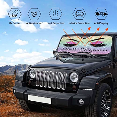 Car Windshield Sun Shade Glittering Purple Eyelash Car Front Sunshade for Most Sedans SUV Truck Auto Sun Blocker Visor Blocks UV Rays Keeps Your Vehicle Cool-55 x 29.9 Inch - color: Hello Gorgeous