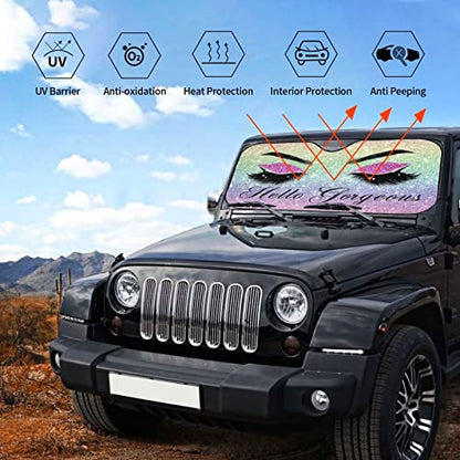 Car Windshield Sun Shade Glittering Purple Eyelash Car Front Sunshade for Most Sedans SUV Truck Auto Sun Blocker Visor Blocks UV Rays Keeps Your Vehicle Cool-55 x 29.9 Inch - color: Hello Gorgeous