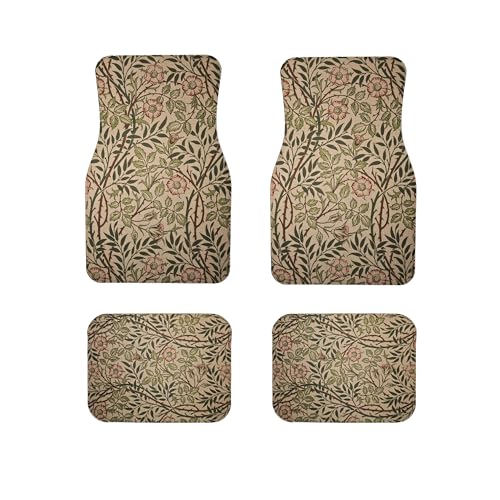 Luxury Car Floor Mats Full Set | Car Decor for Men Women | Vintage Floral William Morris Pattern | Heavy Duty All-Weather Universal Rubber Liners | Non-Slip & Odor-Free - color: Briar Rose Motif