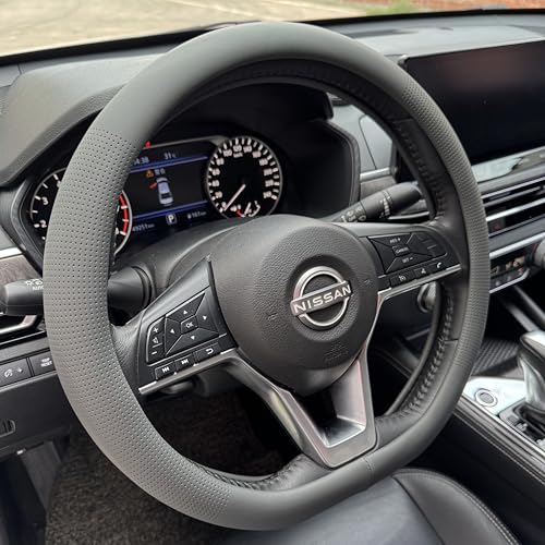PINCTROT D Shaped Nappa Leather Steering Wheel Cover, Slim Fit No Bulk Design, One Piece Leather with Breathable Perforation, Fit Like Gloves, Flat Bottom 14.5-15 Inch(Nappa Dark Gray) - color: 05.Dark Gray, size: D Shaped/Flat Bottom[14 1/2''-15'']