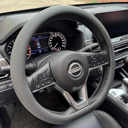 PINCTROT D Shaped Nappa Leather Steering Wheel Cover, Slim Fit No Bulk Design, One Piece Leather with Breathable Perforation, Fit Like Gloves, Flat Bottom 14.5-15 Inch(Nappa Dark Gray) - color: 05.Dark Gray, size: D Shaped/Flat Bottom[14 1/2''-15'']
