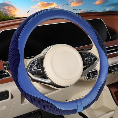 ZHOL Blue Steering Wheel Cover,Nappa Faux Leather with Comfort Grip,Non-Slip Breathable Universal Car Accessory for 15 Inch Steering Wheel - color: Blue