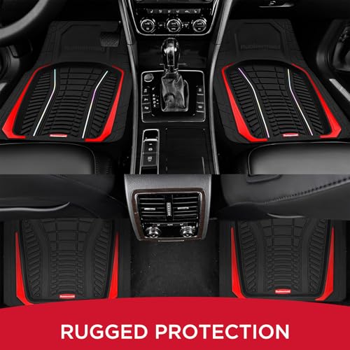 Rubbermaid Car Floor Mats Full Set – Premium All-Weather Car Mat with Brushed Aluminum Inserts, Universal Trim-to-Fit Design, Anti-Slip Backing for Cars, SUVs, Trucks, and Vans - color: Red