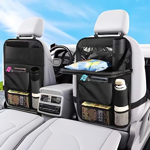 Car backseat organizer,with tablet holder, 6 storage pockets, foldable food tray, car seat back protectors kick mats, travel accessories, black (2)