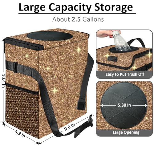 Cute Mini Car Trash Bag with Lid, Glitter Garbage Can Bin Hanging for Back/Front Seat/Console, Waterproof, Leakproof, 2.5 Gallon, Brown Bling Sparkly - color: Brown Bling Sparkly
