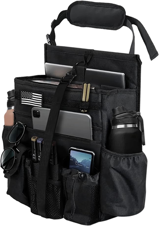 Front & Seat back organizer with dedicated tablet and 15.6 IN laptop storage stabilizers external stabilizing side straps soft adjustable shoulder straps hardened buckle (Large Black) - color: Large Black