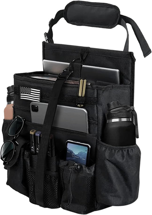 Front & Seat back organizer with dedicated tablet and 15.6 IN laptop storage stabilizers external stabilizing side straps soft adjustable shoulder straps hardened buckle (Large Black) - color: Large Black