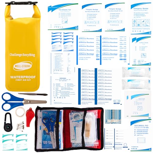Boat First Aid Kit Waterproof, WELL-STRONG Marine Emergency Kit with Roll Top Dry Bag for Boating Fishing Kayaking – Water-Resistant Contents for Camping & Beach（Yellow） - color: Ws011-yellow