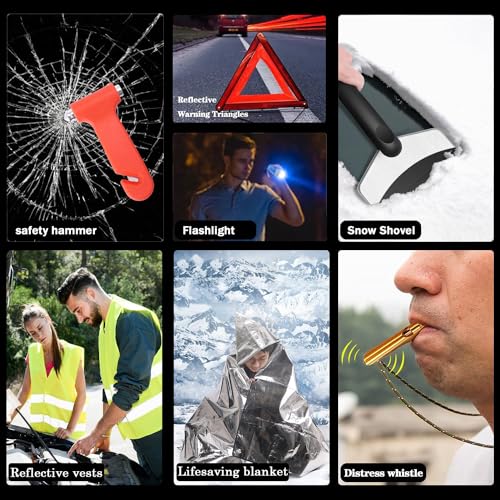 LIANXIN Roadside Assistance Emergency Kit - Car Emergency Kit with Jumper Cables (Upgraded) Emergency Roadside Kit for Car 142 Pieces Car Safety Kits,Tow Strap,Tool Kit,Reflective Warning Triangle - color: Blue
