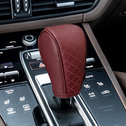 Leather Car Gear Shift Knob Cover, Gear Shifter Cover, Upgraded Anti-Slip Design Stick Shift Knob Covers, Soft Breathable Universal Automotive Shift Knobs Decoration for Most Cars (Wine Red) - color: Wine Red