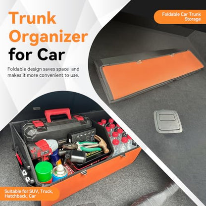 Noaman Leather Trunk Organizer for SUV - Large Car Trunk Storage Organizer with Lid and 2 Removable Dividers, Foldable Car Organizers and Storage Box for Sedan with 2 Metal Locking Clasps Black.