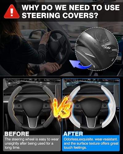Shademax Custom for Tesla Steering Wheel Cover, Tesla Model Y 2020-2025/ Model Y Juniper 2026/ Model 3 2017-2025 2026 (Fit Model 3 Highland) Carbon Fiber Steering Wheel Cover Model Y/3 Accessories - color: A-White (Carbon Fiber )