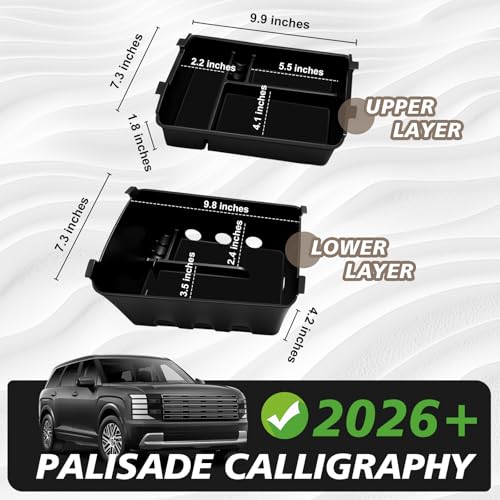 Muslogy Center Console Organizer Compatible with 2026 Hyundai Palisade Accessories Upper & Lower Armrest Box 2-Layer Organizer Insert Tray 2Pcs (Only Fit Calligraphy Trim) - size: 26+ Palisade Console Organizer 2-Layer