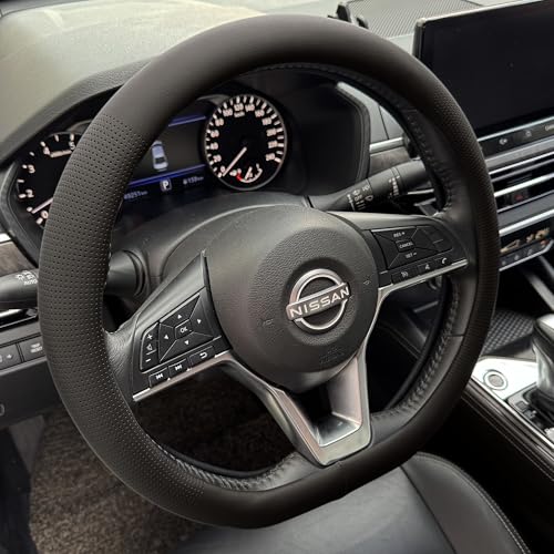PINCTROT D Shaped Nappa Leather Steering Wheel Cover, Slim Fit No Bulk Design, One Piece Leather with Breathable Perforation, Fit Like Gloves, Flat Bottom 14.5-15 Inch(Nappa Black) - color: 01.Black, size: D Shaped/Flat Bottom[14 1/2''-15'']