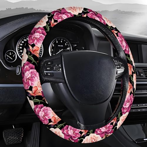 Steering Wheel Covers for Car, Truck, and SUV, Cute Non-Slip Breathable Elastic Steering Wheel, Car Accessories, Universal 15 Inch Leather Cover for Men Women Black Roses - color: Black Roses