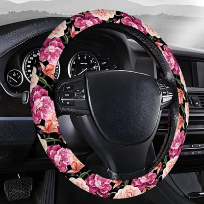 Steering Wheel Covers for Car, Truck, and SUV, Cute Non-Slip Breathable Elastic Steering Wheel, Car Accessories, Universal 15 Inch Leather Cover for Men Women Black Roses - color: Black Roses