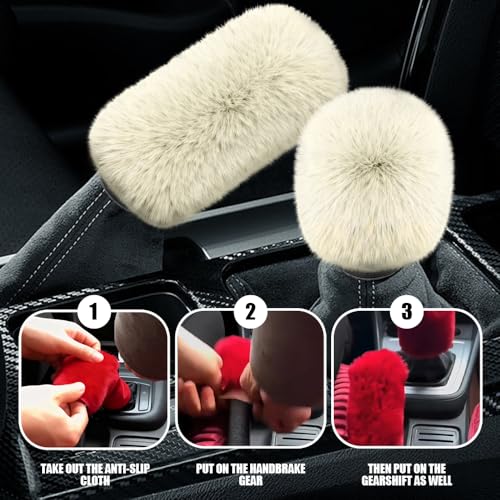 2PCS Plush Car Gear Shift Knob Cover & Handbrake Cover, Shift Knob Protector, Soft Fluffy Gear Handbrake Protective Sleeves, Shifter Lever Brake Handle Warm Plush Set for Cars (Beige) - color: Beige