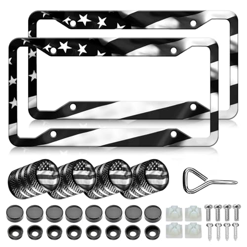 Black American Flag License Plate Frames - 2 Pack Patriotic Matte Gloss Stars Stripe US Flag Stainless Steel Metal Car Tag Frame Holder Covers with 4 Fluttering Flag Valve Stem Caps, Screws Fasteners - color: Black American Flag A