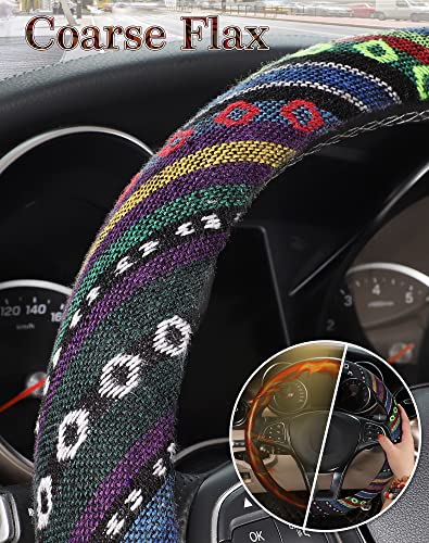 SEG Direct Boho Steering Wheel Cover with Baja Blanket Cloth, Ethnic Style Auto Wheel Cover Made of Coarse Flax, Fits 14 1/2-15 1/4 inches Car Wheel - color: Psychedelic Trip